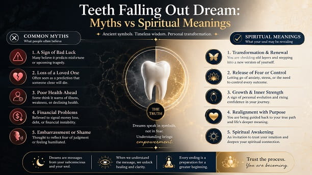 An elegant visual guide contrasting fear-based myths with empowering spiritual interpretations of teeth falling out dreams.