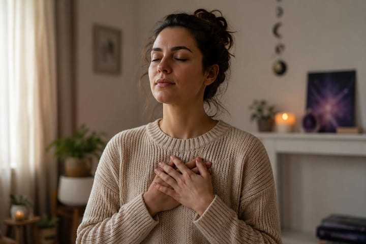 Person with hands over heart and eyes closed in quiet spiritual reflection during a left ear ringing experience