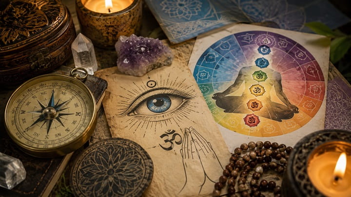 Collection of spiritual symbols representing different cultural meanings of ear ringing, including a compass, chakra wheel, third eye, prayer hands, crystals, and candles