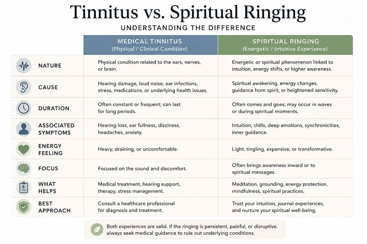 Infographic comparing medical tinnitus and spiritual ear ringing with differences in symptoms, duration, causes, and meanings