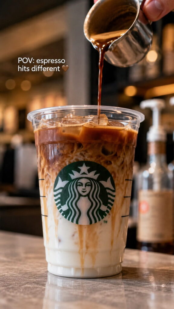 Slow motion espresso pour in iced caramel macchiato for TikTok coffee trend