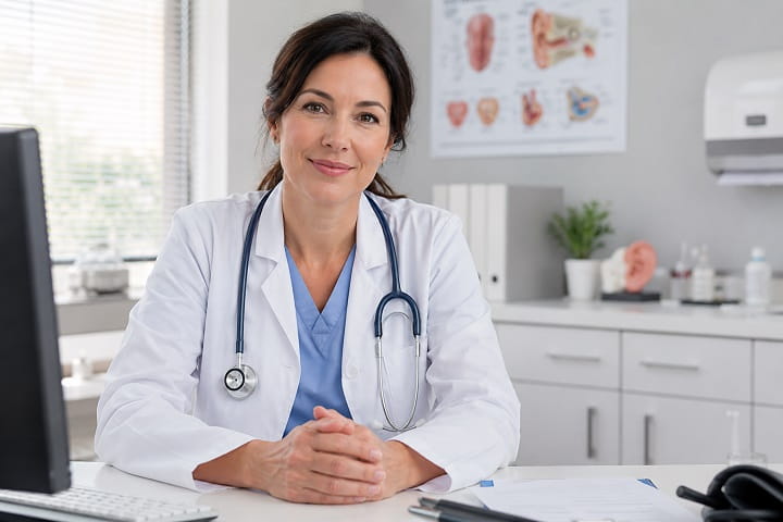 Friendly doctor with stethoscope in a calm clinical setting representing medical evaluation for persistent ear ringing symptoms