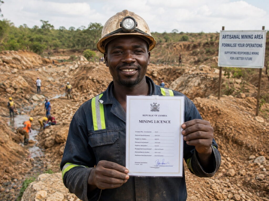 A smiling Zambian artisanal miner in a hard hat and high-visibility jacket holds up an official Republic of Zambia Mining Licence document at a mining site, with a sign reading Artisanal Mining Area Formalise Your Operations visible in the background