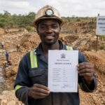 Zambia Artisanal Mining Formalization: The Complete Guide for Small-Scale Miners A smiling Zambian artisanal miner in a hard hat and high-visibility jacket holds up an official Republic of Zambia Mining Licence document at a mining site, with a sign reading Artisanal Mining Area Formalise Your Operations visible in the background