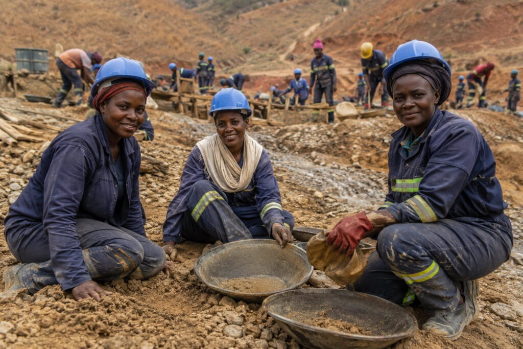 Three women artisanal miners wearing blue hard hats and protective gear, panning for minerals at a small-scale mining pit in Zambia
