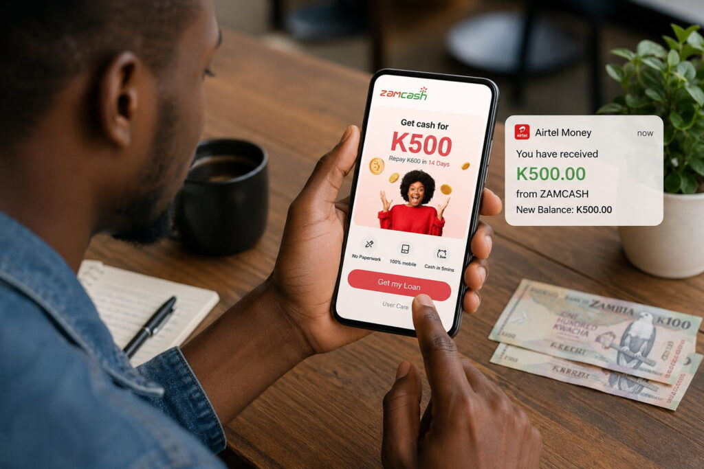 Person applying for a Zamcash 30 days loan online using a smartphone in Zambia