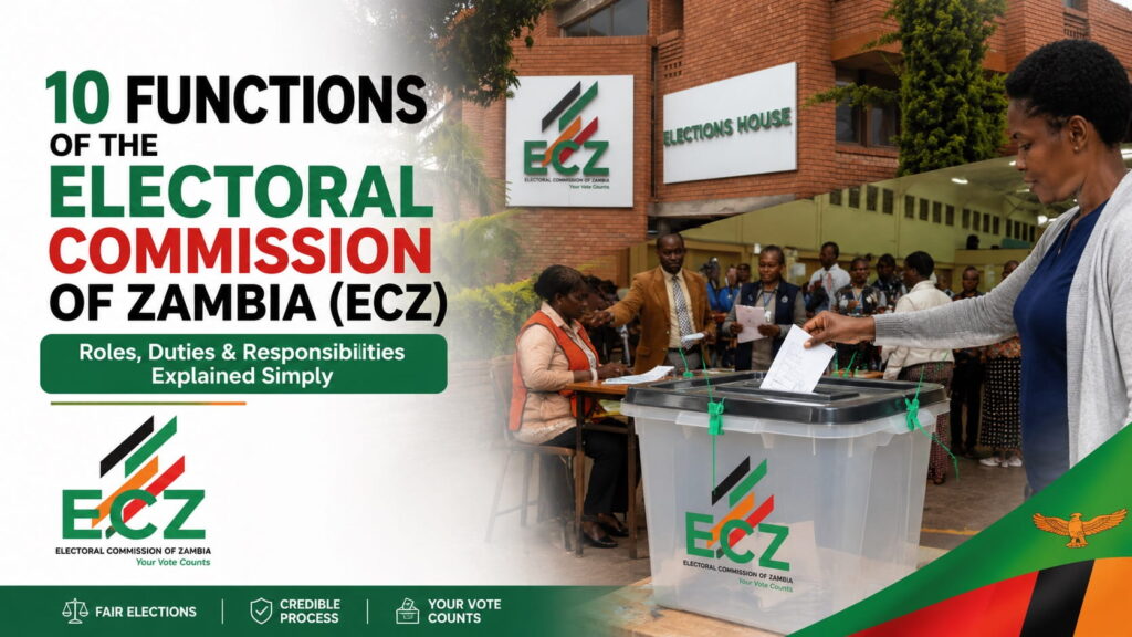 Illustration of the Electoral Commission of Zambia (ECZ) headquarters, official ECZ logo, and election officials representing the 10 functions of the Electoral Commission in Zambia.
