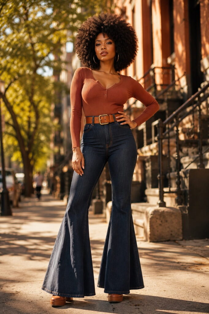 Black woman with natural Afro wearing high-waisted dark denim bell-bottom jeans, rust ribbed knit top, wide cognac leather belt and tan platform boots on a sunlit street — 1970s fashion women bell bottoms 70s outfit