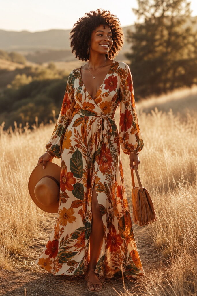 Black woman with natural Afro in a floor-length burnt orange and rust floral bohemian maxi dress with billowing sleeves and wrap waist, holding a wide-brim hat in a sun-drenched meadow — 1970s bohemian maxi dress women 70s boho outfit