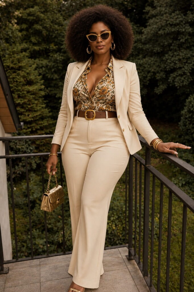 Black woman on a balcony wearing a deep-V floral blouse in amber and forest green tones under a cream blazer, with wide-leg trousers, gold chain bag and natural Afro — 1970s floral blouse boho fashion women