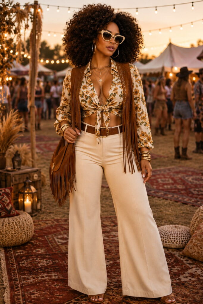 Black woman at a sunset festival in a floral tied crop top, suede fringe vest, cream wide-leg trousers, layered gold necklaces, hoop earrings and natural Afro with cat-eye sunglasses — 1970s festival outfit boho women