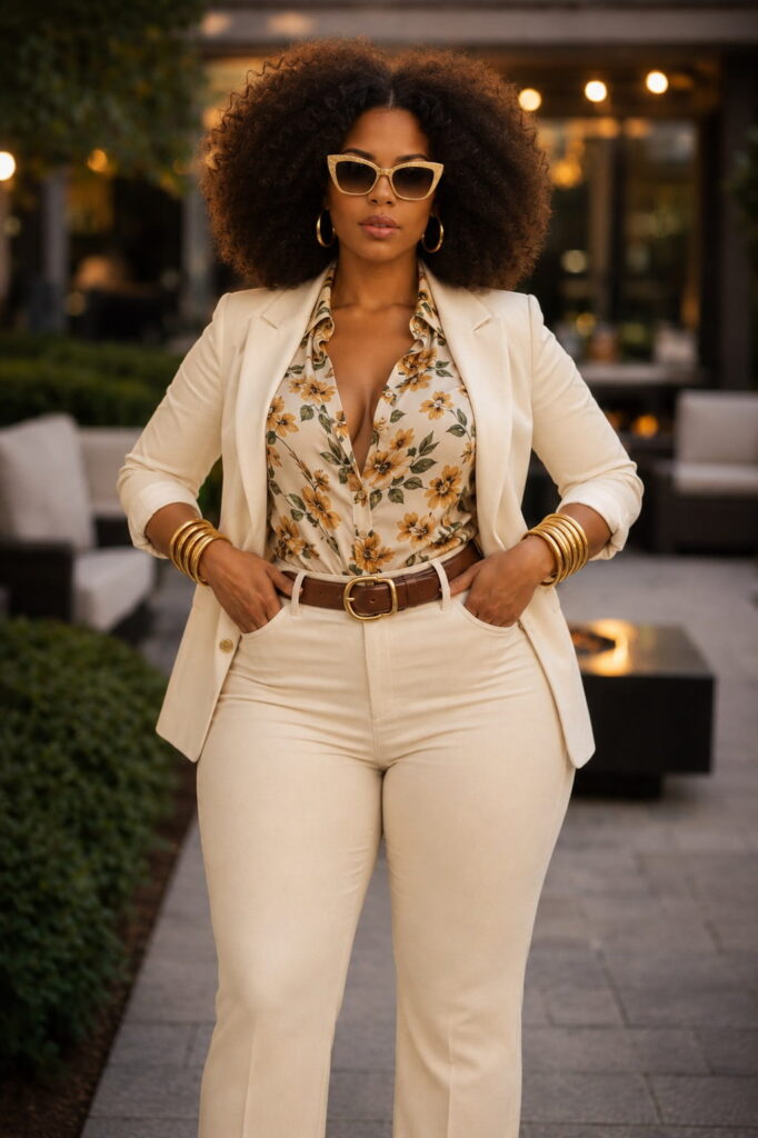 Black woman in a cream wide-leg blazer and flared trousers with a floral blouse and cognac belt, hands on hips on an outdoor terrace at dusk — 1970s fashion women evening styling cream suit