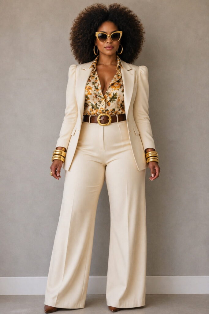 1970s Fashion Women studio portrait in cream tailoring, floral blouse, afro hairstyle and elegant 70s outfit inspiration - Wide-Leg Pants and Bell Bottoms