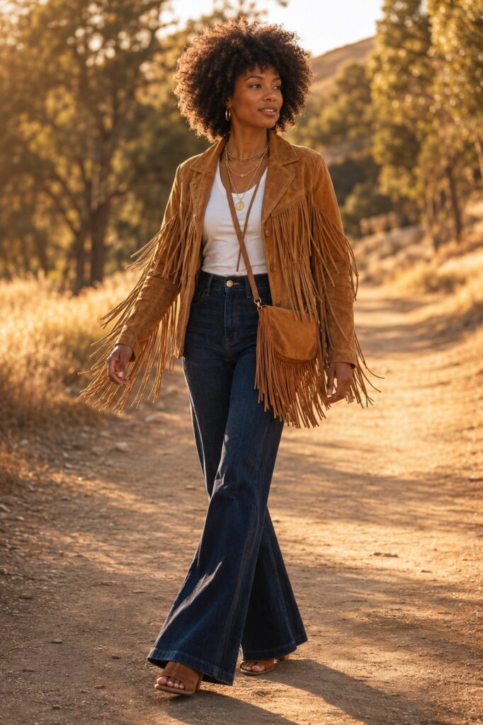 Black woman with natural Afro walking in a tan suede fringe jacket, white tee, dark denim flares and flat leather sandals on a sunlit path — 1970s suede fringe jacket boho women 70s outfit