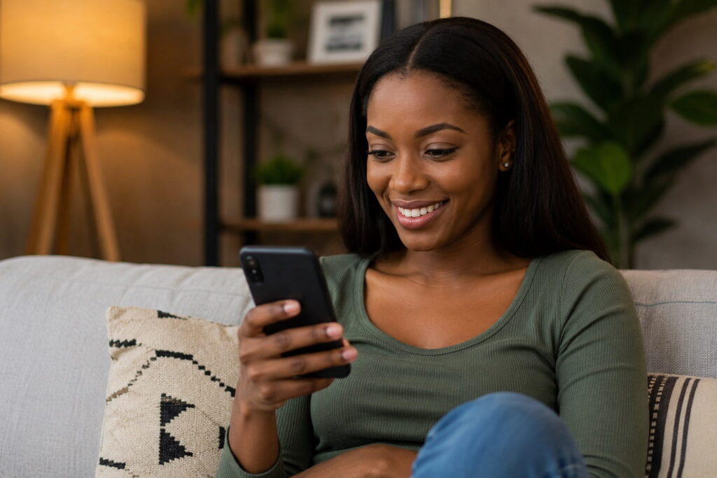 Girl smiling while reading a first message that started a great conversation