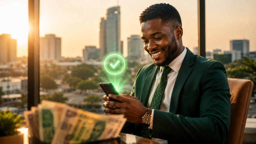 Young Zambian professional getting instant mobile money loan approved on smartphone in Zambia - Cheapest Loans in Zambia: Get a Loan in 5 Minutes