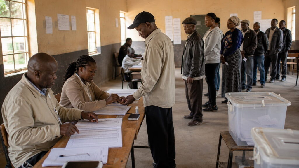 Polling assistants verifying voters and applying indelible ink at a polling station in Zambia - Duties of a Polling Assistant in Zambia
