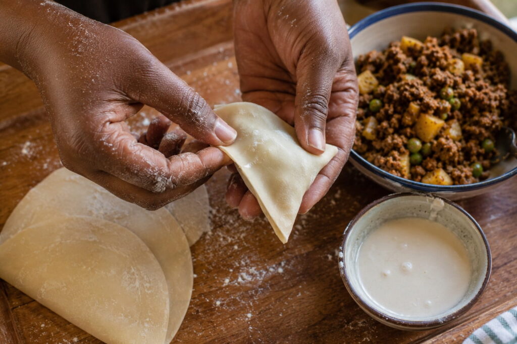 Folding samosa pastry around spiced beef filling, step by step