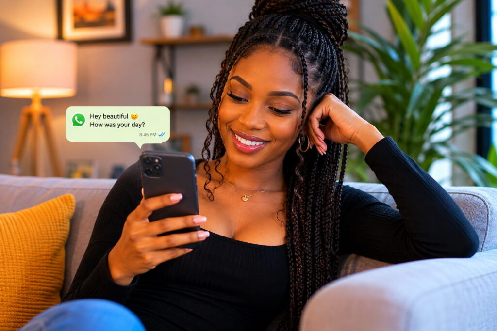 Girl smiling at a WhatsApp message from a guy starting a conversation