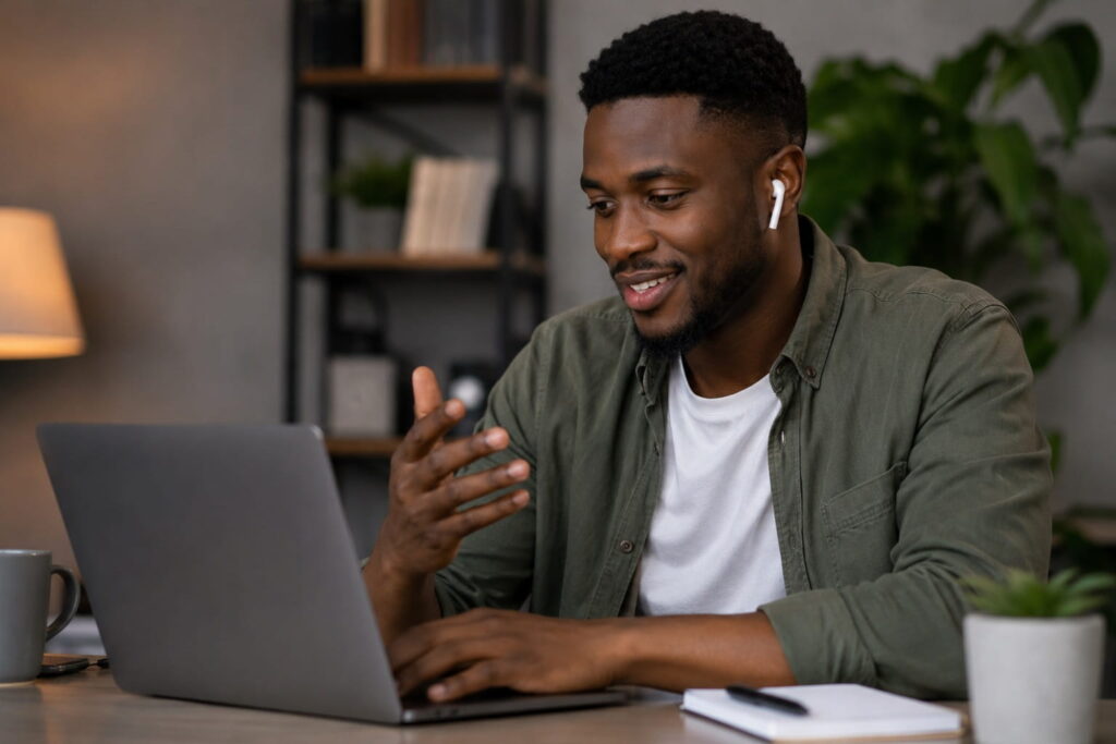 Man starting a conversation with a girl online using laptop and messaging apps