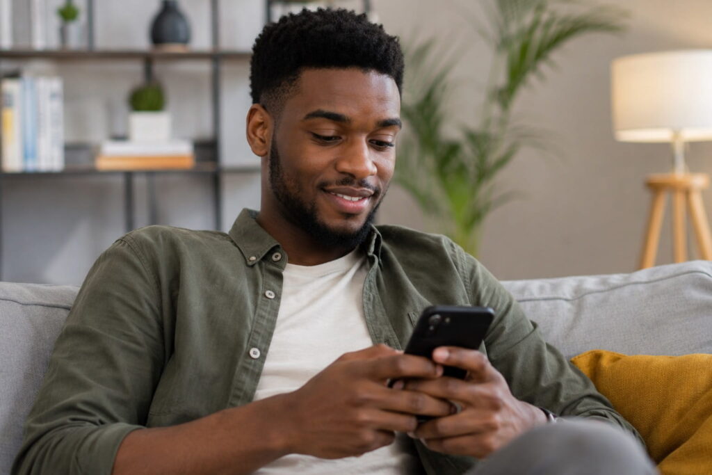 Man texting a girl for the first time on his phone at home
