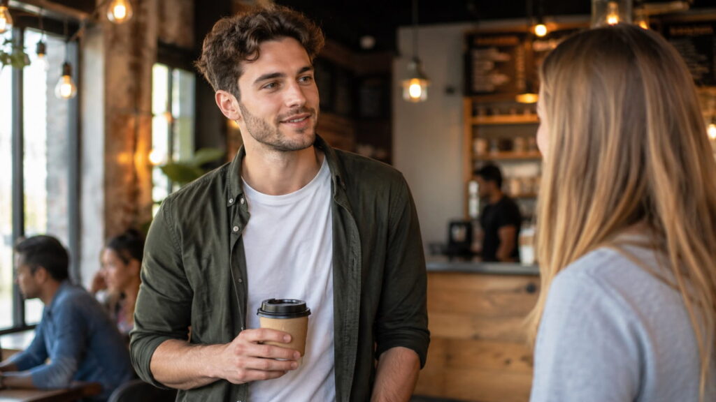 Man confidently starting a conversation with a girl he just met in a coffee shop