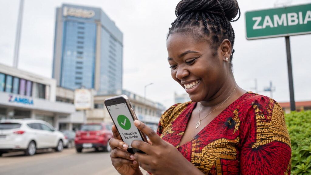 Young Zambian woman smiling at a successful mobile money transaction on her smartphone in Lusaka city street - Instant Mobile Money Loans in Zambia Without Collateral