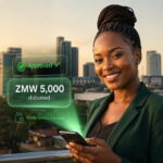 Young Zambian woman applying for online soft loans in Zambia without collateral on her smartphone with ZMW 5000 approved - Online Soft Loans in Zambia Without Collateral — Apply Now