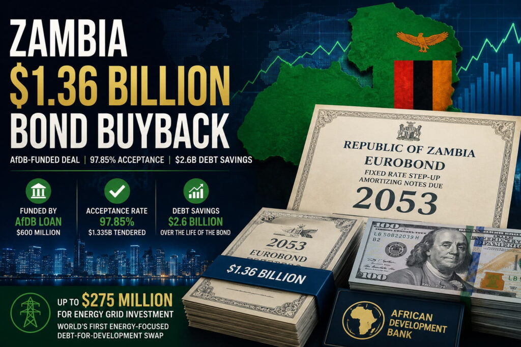 Zambia $1.36 billion bond buyback infographic showing AfDB-funded deal, 97.85% acceptance rate, and $2.6 billion debt savings in sovereign debt restructuring