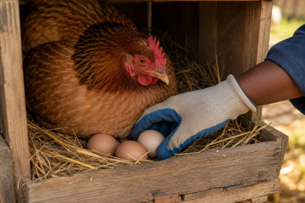Collecting eggs from a broody hen in a nesting box.