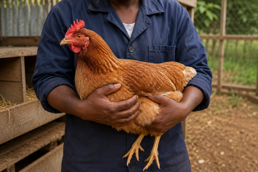 Demonstrating proper two-handed technique for holding a chicken.