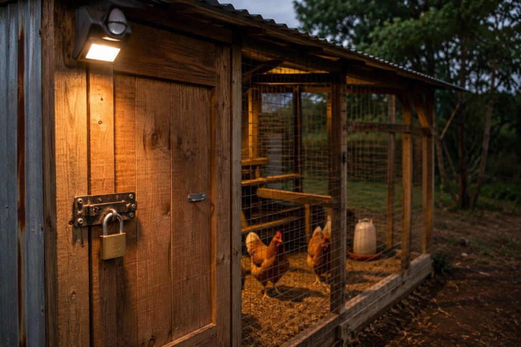 Secure chicken coop with padlock and motion-sensor light