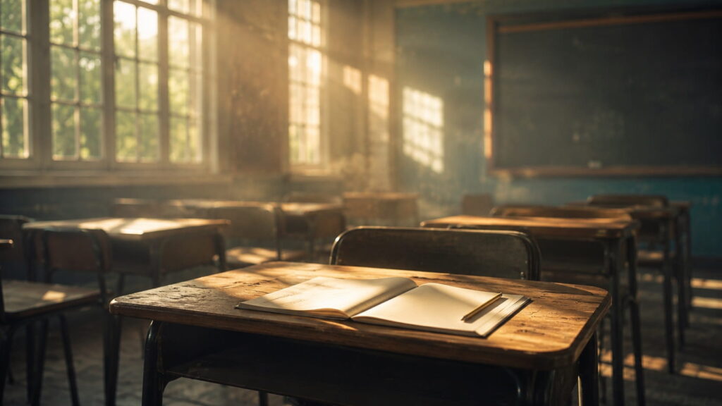 Empty sunlit classroom with an open notebook on a wooden desk, symbolizing the spiritual meaning of dreaming of going back to school