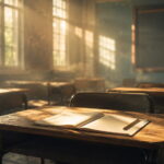 Dreaming of Going Back to School Spiritual Meaning Empty sunlit classroom with an open notebook on a wooden desk, symbolizing the spiritual meaning of dreaming of going back to school