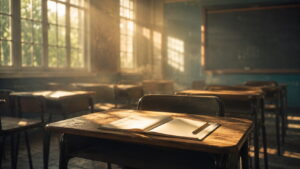Empty sunlit classroom with an open notebook on a wooden desk, symbolizing the spiritual meaning of dreaming of going back to school