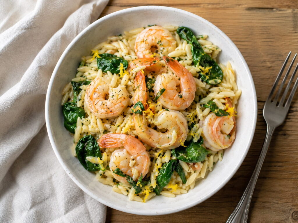 Lemon-garlic shrimp with orzo and spinach in a white bowl, a quick healthy dinner recipe for two
