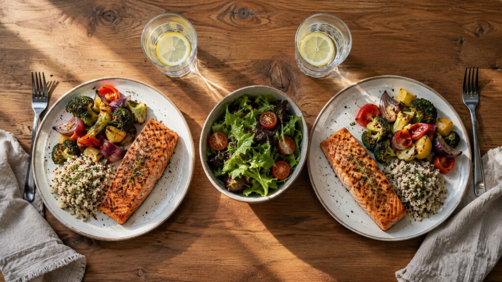 Overhead view of two balanced healthy dinner plates for two with salmon, vegetables, and quinoa