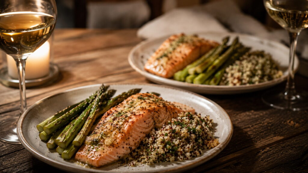 Candlelit dinner for two with baked salmon, asparagus, and quinoa, a healthy date-night recipe