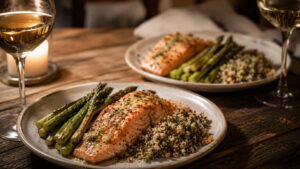 Candlelit dinner for two with baked salmon, asparagus, and quinoa, a healthy date-night recipe