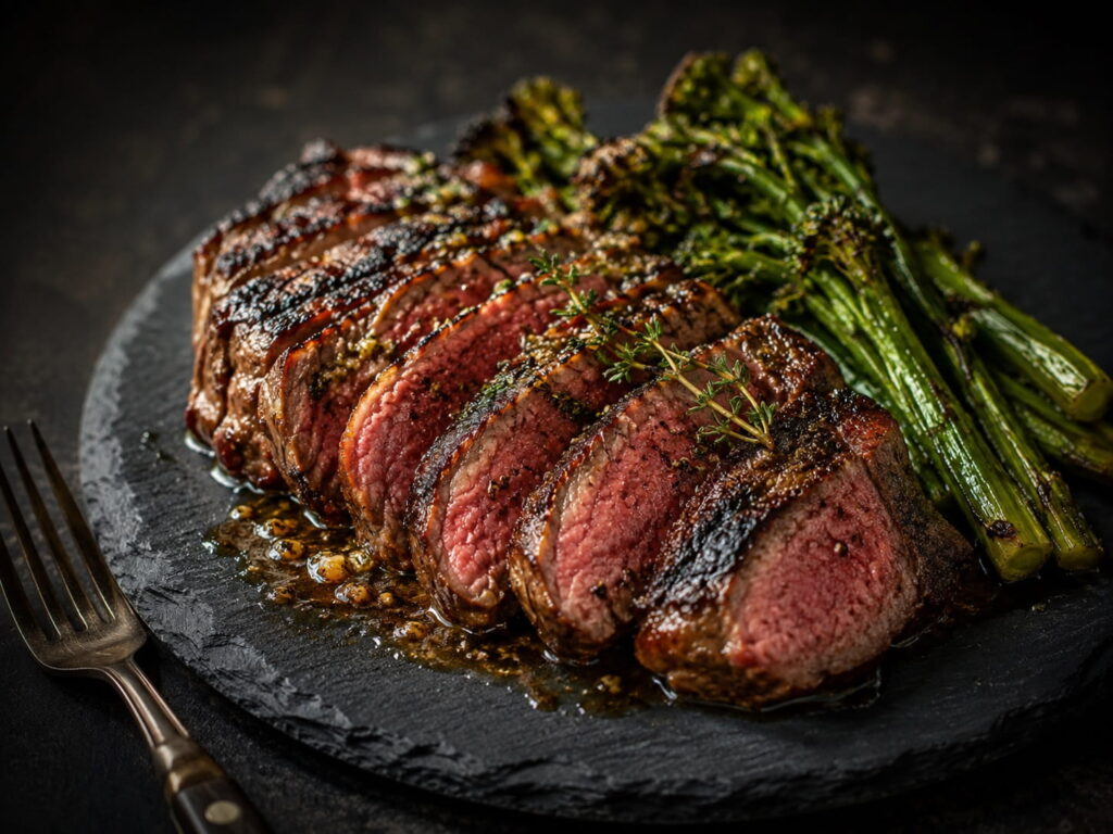 Sliced garlic butter steak with roasted broccolini, a weekend dinner recipe for two