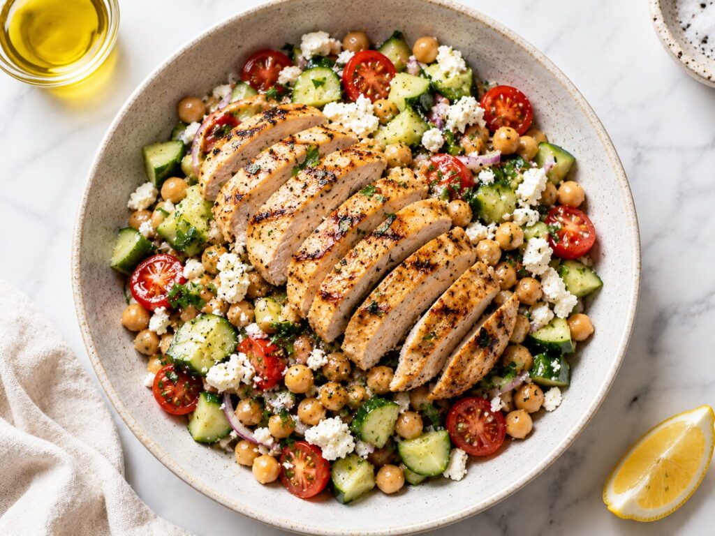 Greek chicken and chickpea salad with cucumber, tomato, and feta, a fresh dinner recipe for two