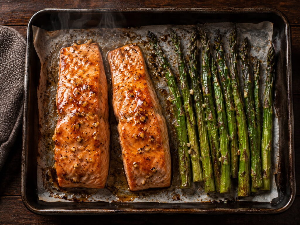 Sheet pan honey-garlic salmon with roasted asparagus, a one-pan healthy dinner for two