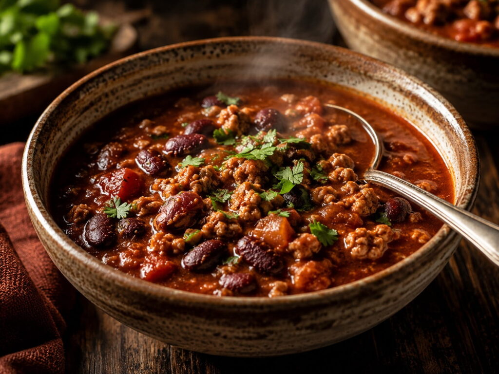 Bowl of turkey chili with kidney beans and cilantro, a lightened comfort food dinner for two
