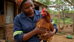 How to Steal a Hen - Person calmly holding a backyard hen with both hands in a rustic backyard coop in Zambia.