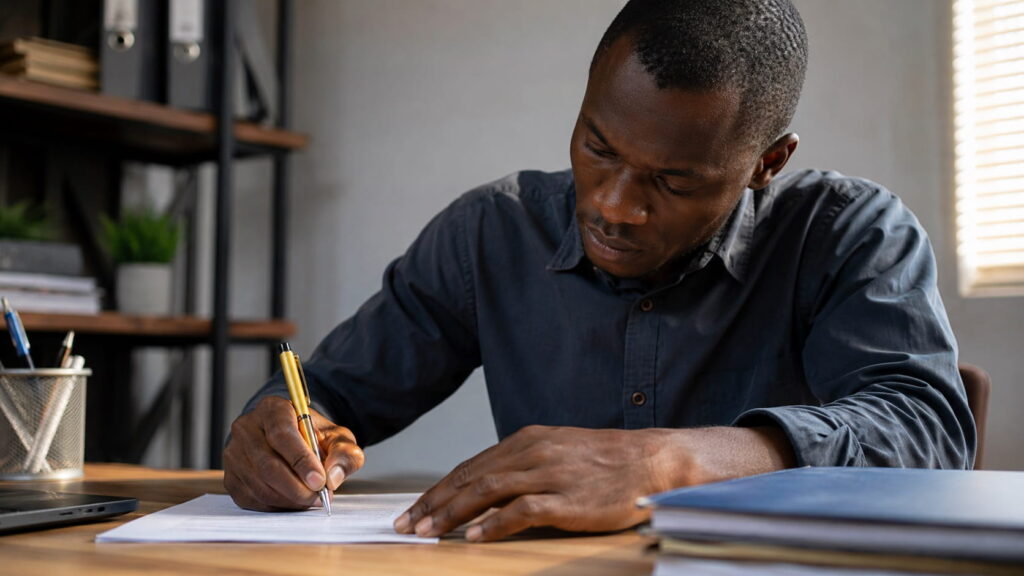 Man writing a Zambian application letter as a general worker at a desk
