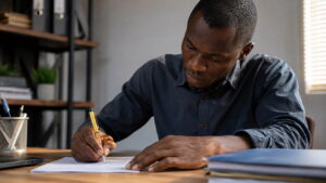 Man writing a Zambian application letter as a general worker at a desk