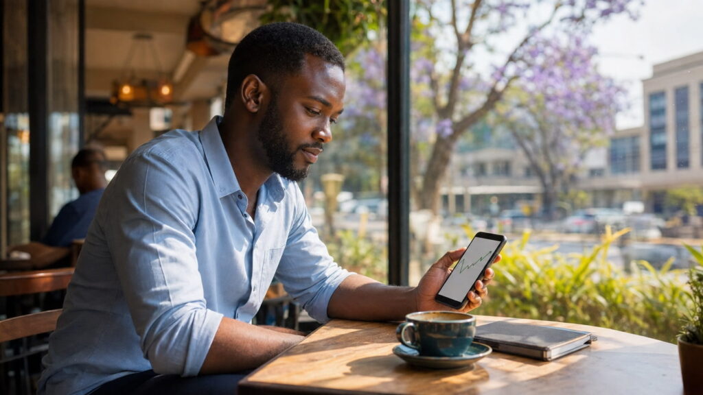 Man checking share prices on a mobile investing app while sitting in a café in Lusaka, Zambia