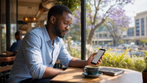 Man checking share prices on a mobile investing app while sitting in a café in Lusaka, Zambia