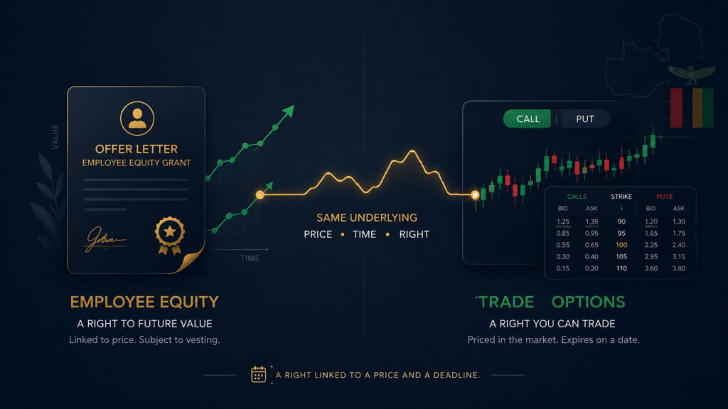 Diagram comparing employee stock options and traded call/put options, showing how both are a right linked to a price and deadline