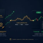 Diagram comparing employee stock options and traded call/put options, showing how both are a right linked to a price and deadline